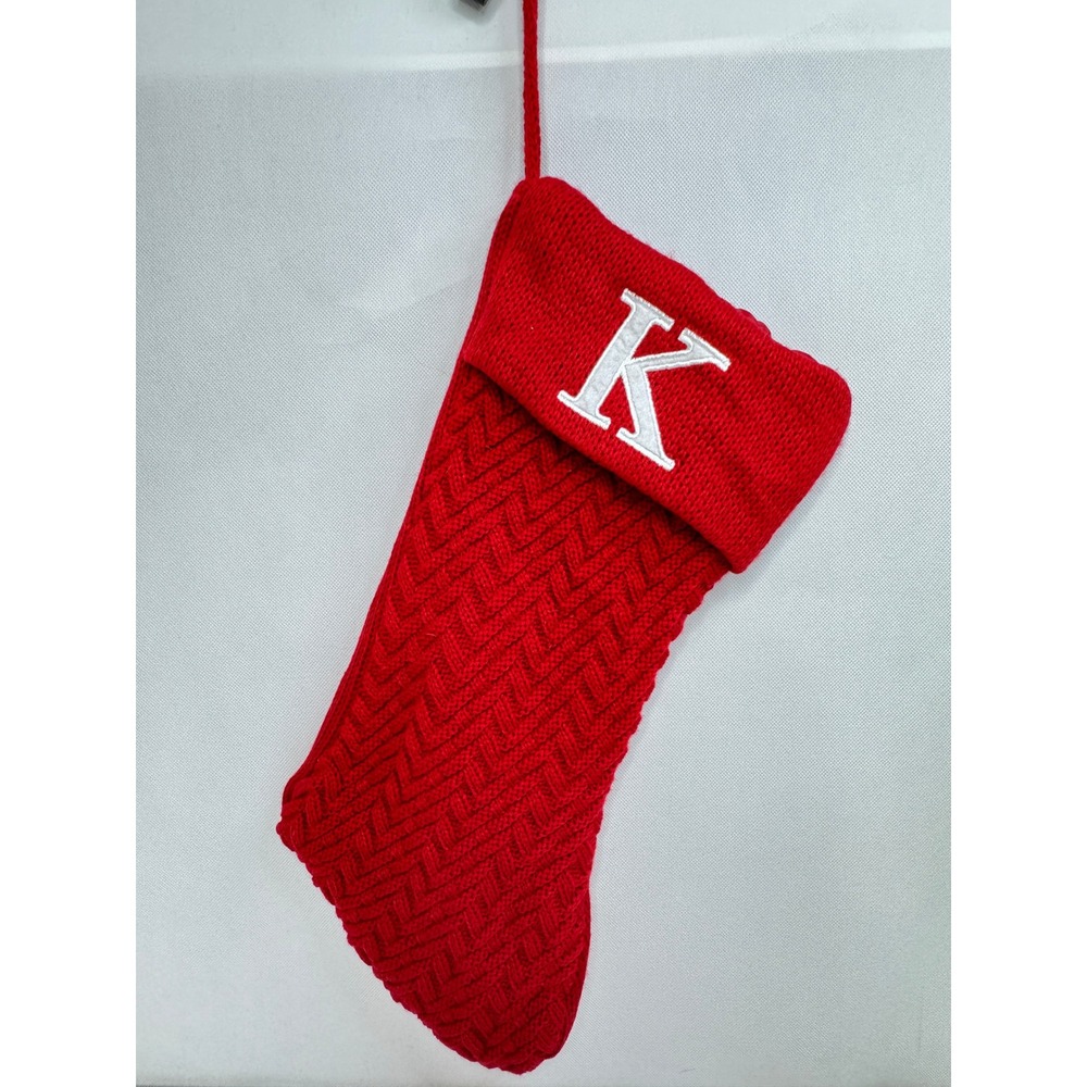 Holiday Time Red Knit Christmas Stocking K Monogram 18" Long Gently Used‎